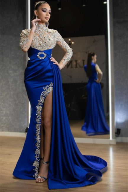 Luxury Halter Royal Blue Satin Mermaid Evening Maxi Dress Long Sleeves Crystals Gold Appliques Party Dress-misshow.com