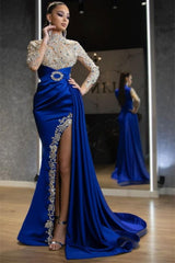 Luxury Halter Royal Blue Satin Mermaid Evening Maxi Dress Long Sleeves Crystals Gold Appliques Party Dress-misshow.com