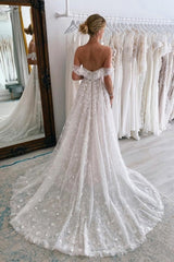 Luxury Long A-Line Off-the-shoulder Lace Wedding Dresses With Glitter-misshow.com