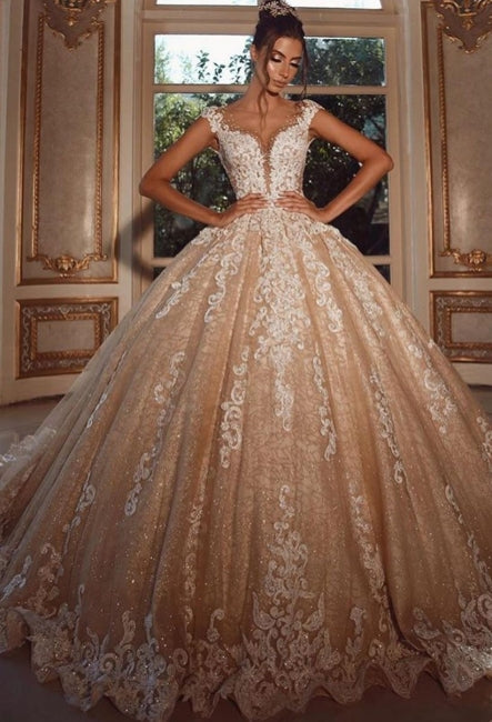 Luxury Long Glitter Wedding Dresses Princess with Lace-misshow.com