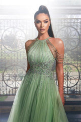 Luxury Long Green Glitter Halter Sleeveless Evening Dresses-misshow.com