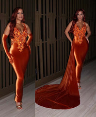 Luxury Long Mermaid V-neck Sleeveless Prom Dress With Train-misshow.com