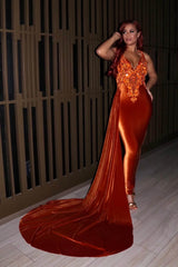 Luxury Long Mermaid V-neck Sleeveless Prom Dress With Train-misshow.com