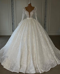 Luxury Princess A-line V-neck Lace Wedding Dresses With Long Sleeves-misshow.com