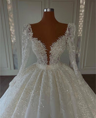 Luxury Princess A-line V-neck Lace Wedding Dresses With Long Sleeves-misshow.com