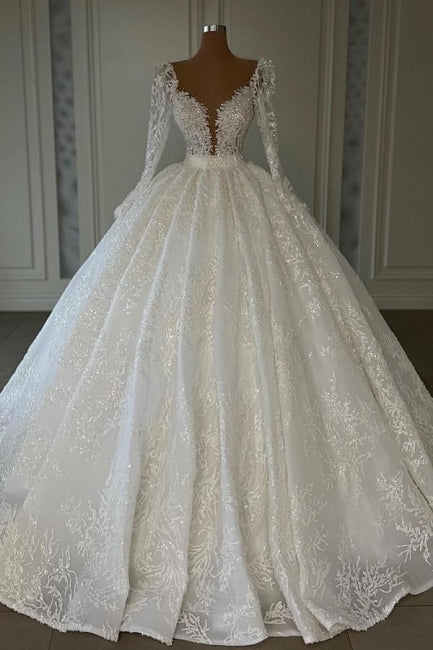 Luxury Princess A-line V-neck Lace Wedding Dresses With Long Sleeves-misshow.com