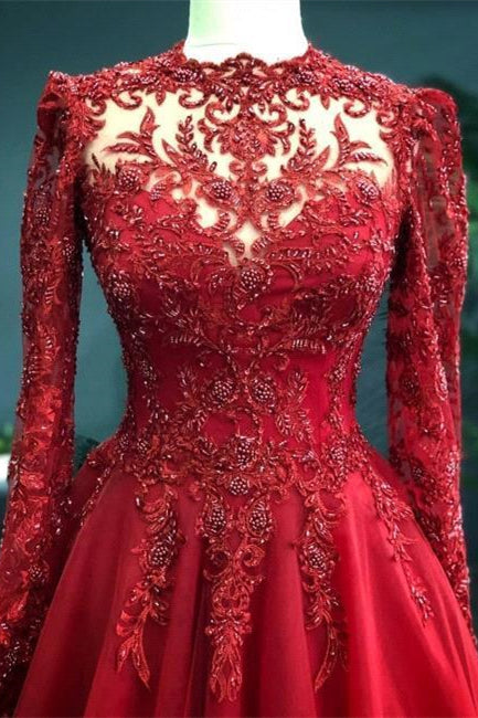 Luxury Red Evening Dresses With Sleeves Prom Dress with Lace – misshow.com