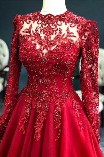 Luxury Red Evening Dresses With Sleeves Prom Dress with Lace-misshow.com