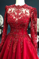 Luxury Red Evening Dresses With Sleeves Prom Dress with Lace-misshow.com