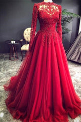 Luxury Red Evening Dresses With Sleeves Prom Dress with Lace-misshow.com