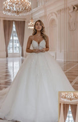 Luxury spaghetti straps sleeveless ball gown lace Wedding dress-misshow.com