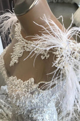 Luxury White Hollow Sweetheart Open Back Lace Long Wedding Dress with Fur Neckline-misshow.com