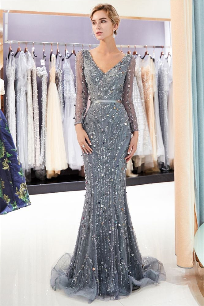 Mermaid Long Sleeves V-neck Sequins Evening Gowns with Sash-misshow.com