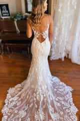 Mermaid Spaghetti Straps V-neck Backless Lace Wedding Dresses-misshow.com