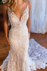 Mermaid Spaghetti Straps V-neck Backless Lace Wedding Dresses-misshow.com