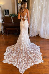 Mermaid Spaghetti Straps V-neck Backless Lace Wedding Dresses-misshow.com