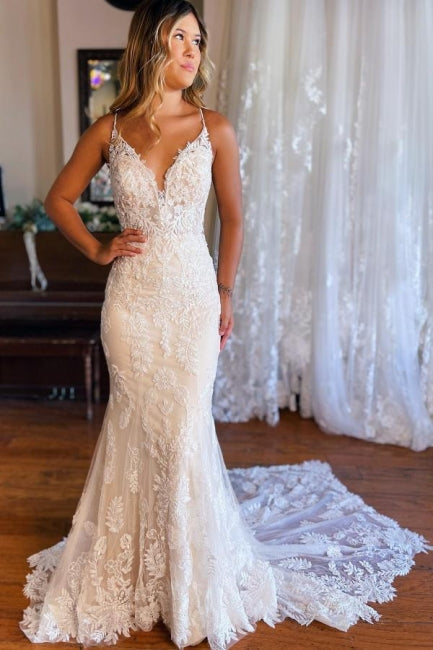 Mermaid Spaghetti Straps V-neck Backless Lace Wedding Dresses-misshow.com