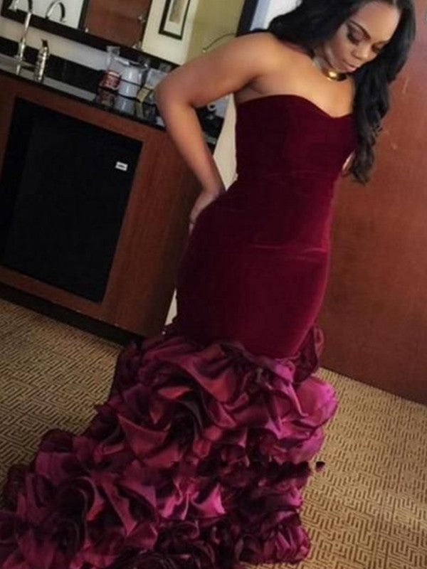 Mermaid Sweetheart Sleeveless With Ruffles Velvet Prom Dresses