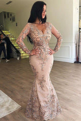 Mermaid V-neck Long Sleeves Appliqued Prom Dresses with Detachable Skirt-misshow.com