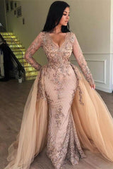 Mermaid V-neck Long Sleeves Appliqued Prom Dresses with Detachable Skirt-misshow.com