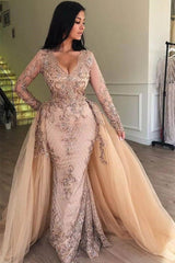 Mermaid V-neck Long Sleeves Appliqued Prom Dresses with Detachable Skirt-misshow.com