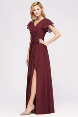 MISSHOW offers Misshow Elegant A-line V-Neck Short Sleeve Bridesmaid Dresses with Bow Sash Floor-Length Chiffon Evening Dress at a good price from Misshow