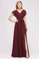 MISSHOW offers Misshow Elegant A-line V-Neck Short Sleeve Bridesmaid Dresses with Bow Sash Floor-Length Chiffon Evening Dress at a good price from Misshow