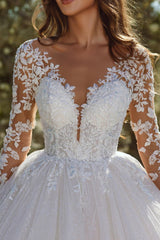 Modern A-line Lace Tulle Appliques Wedding Dress With Long Sleeves-misshow.com