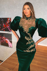 Modern Dark Green Bubble Sleeves Mermaid Prom Dress With Appliques-misshow.com