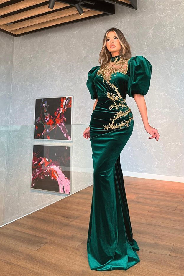 Modern Dark Green Bubble Sleeves Mermaid Prom Dress With Appliques-misshow.com