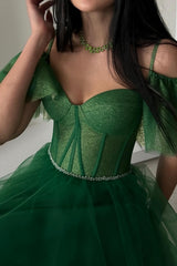 Modern Long A-line Green Off-the-shoulder Tulle Sweetheart Prom Dress with Glitter