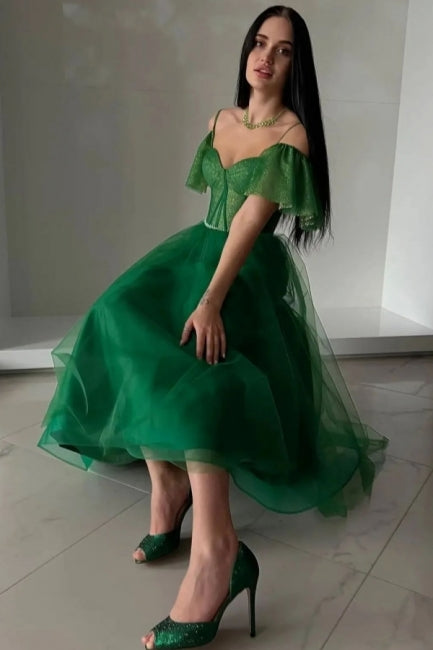 Modern Long A-line Green Off-the-shoulder Tulle Sweetheart Prom Dress with Glitter