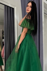 Modern Long A-line Green Off-the-shoulder Tulle Sweetheart Prom Dress with Glitter