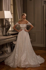 Modern Long A-line Off-the-shoulder Glitter Sleeveless Wedding Dresses-misshow.com