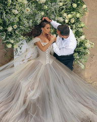 Modern Long A-line Off-the-shoulder Sleeveless Tulle Corset Wedding Dress-misshow.com