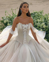 Modern Long A-line Off-the-shoulder Sleeveless Tulle Corset Wedding Dress-misshow.com