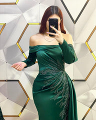 Modern Long Dark Green Mermaid Off-the-shoulder Lace Prom Dress With Long Sleeves-misshow.com