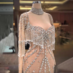 Modern Long Mermaid Beading Long Sleeves Prom Dress With Train-misshow.com