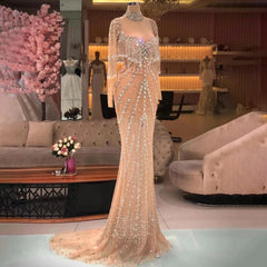 Modern Long Mermaid Beading Long Sleeves Prom Dress With Train-misshow.com