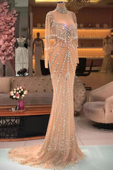 Modern Long Mermaid Beading Long Sleeves Prom Dress With Train-misshow.com