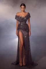 Modern Long Mermaid Off-the-shoulder Sequined Beading Prom Dress with Slit