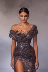 Modern Long Mermaid Off-the-shoulder Sequined Beading Prom Dress with Slit