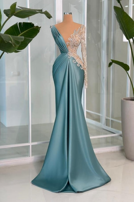 Modern Long Mermaid V-neck Lace Rhinestones Satin Long Sleeve Prom Dress