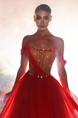 Modern Long Red A-line Off-the-shoulder Chiffon Beading Prom Dress