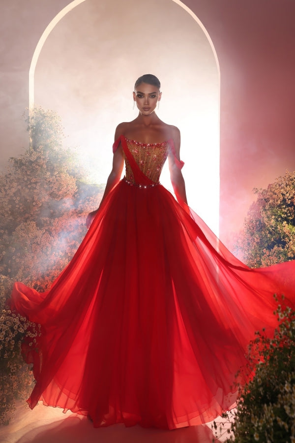 Modern Long Red A-line Off-the-shoulder Chiffon Beading Prom Dress