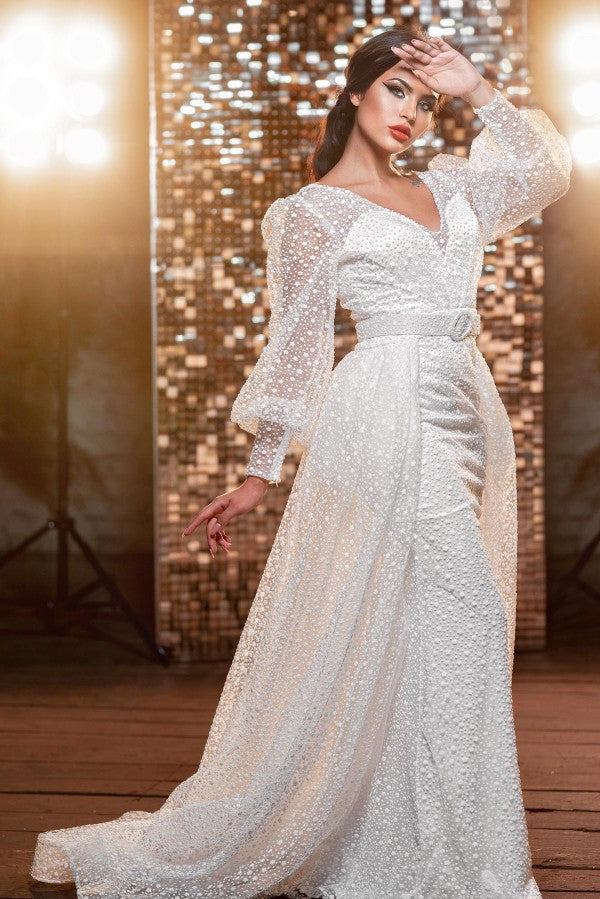 Modern Long V-neck Glitter Wedding Dresses With Long Sleeves-misshow.com