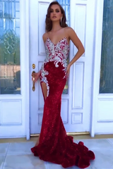 Modern Red Sleeveless Split Front Mermaid Prom Dress With Crystal-misshow.com