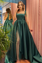 Modest Green A-Line Square Neckline Straps Prom Dresses with Slit-misshow.com