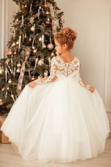 Modest Long Princess Tulle Lace Appliques flower girl dress with sleeves-misshow.com