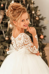 Modest Long Princess Tulle Lace Appliques flower girl dress with sleeves-misshow.com